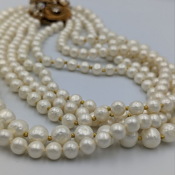 Miriam Haskell Unsigned Multi Strand Faux Pearl Ornate Gold floral & Rhinestone - Picture 11 of 13